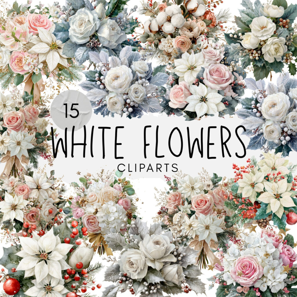 15 Watercolor White Flowers ClipArt