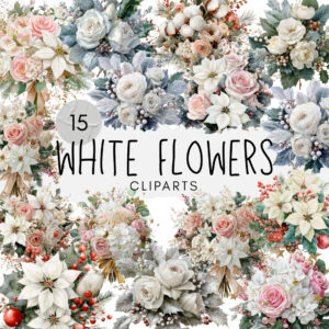 15 Watercolor White Flowers ClipArt