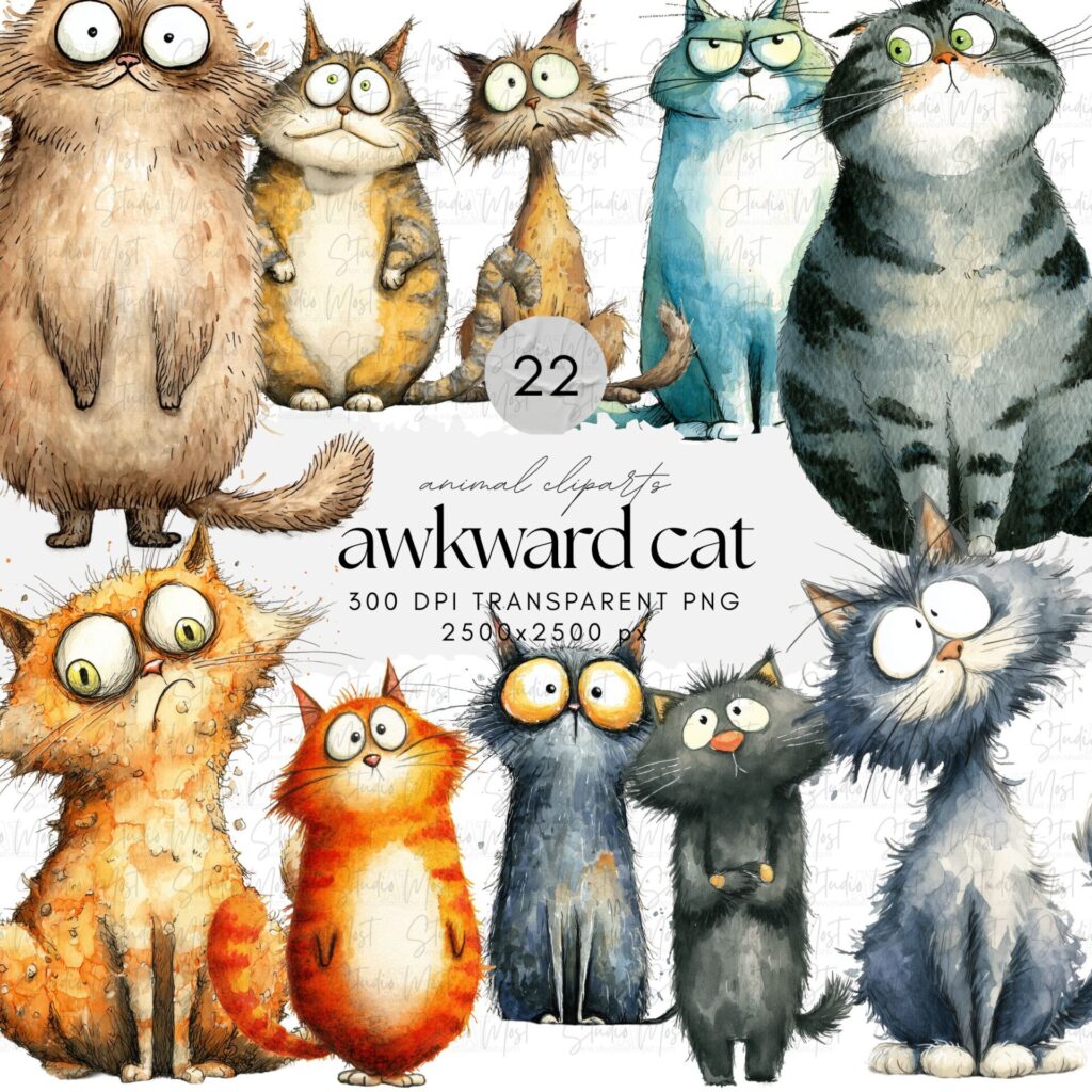 Watercolor Awkward Cat ClipArt
