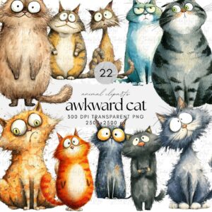 Watercolor Awkward Cat ClipArt