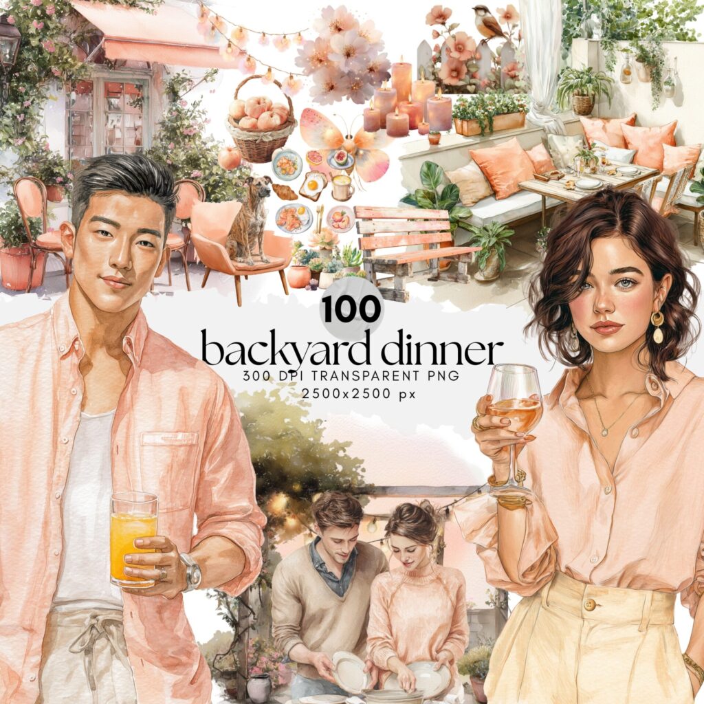 Watercolor Backyard Dinner ClipArt