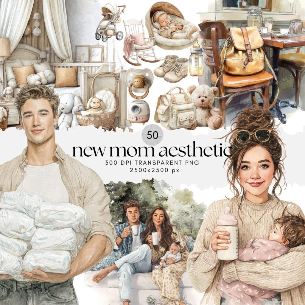 Watercolor New Mom Aesthetic ClipArt
